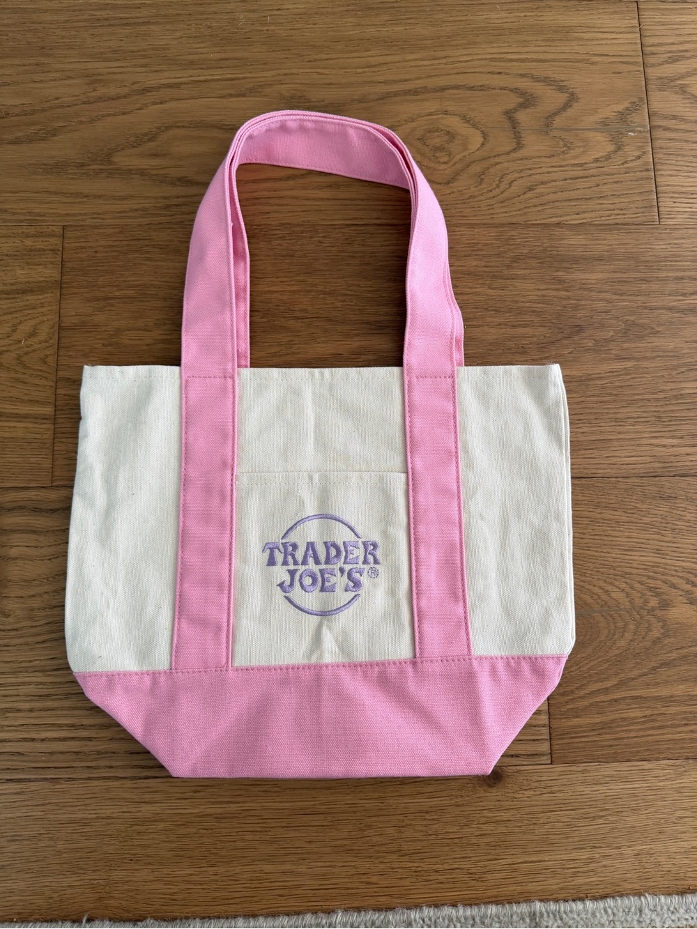 Trader Joe’s mini Canvas Tote Bag in pink and Cream never used but tags are off